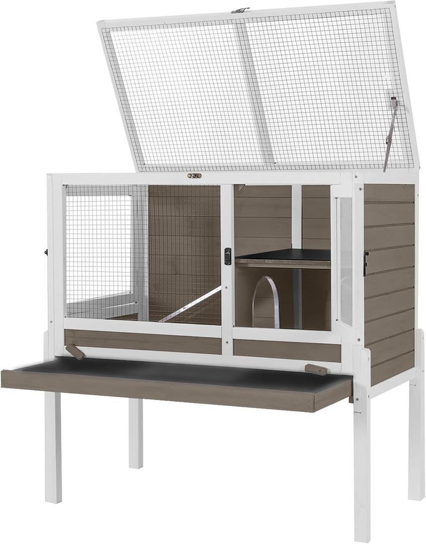 Aivituvin Guinea Pig Cages, Rabbit Hutch with Anti-Chew Frame, Bunny Cage with Cleaning Sliding Tray, 3 Openable Areas, Assemblable Legs, Ramp & Hideout Included - Brown 35.5"L x 19.6"W x 36.6"H