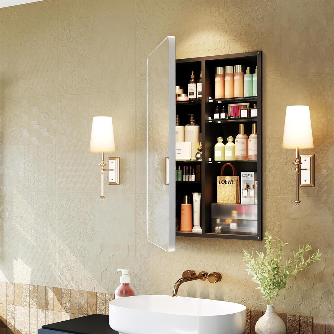 Recessed Medicine Cabinets for Bathroom with Mirror: 20x30 Wall Mount Mirrored Vanity Chest - 20 x 30 inch Large Storage Cabinet with Adjustable Shelves - Brushed Nickel Frame