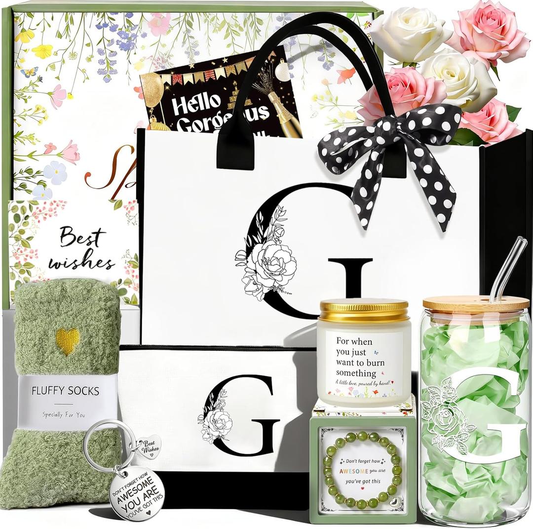Birthday Gifts for Women, Personalized Mothers Day Gift for Women, Monogrammed Initial Gift for Her Teacher Wife Mom Friend Daughter Sister Girlfriend, Initial Tote Bag & Makeup bag (G)