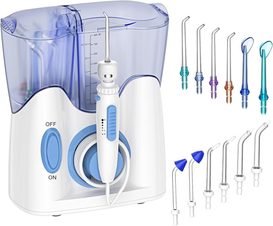 H2ofloss Dental Water Flosser for Teeth Cleaning with 13 Multifunctional Tips&800ml Capacity, Professional Countertop Oral Irrigator Quiet Design(HF-9) (White)
