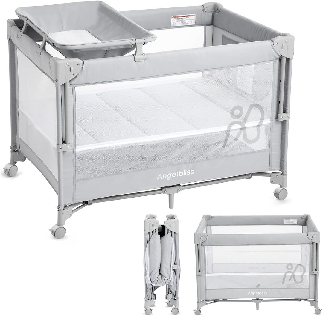 ANGELBLISS Baby Bassinet Bedside Crib, Pack and Play with Mattress, Diaper Changer, One-Push Setup Playards from Infants to Toddlers 