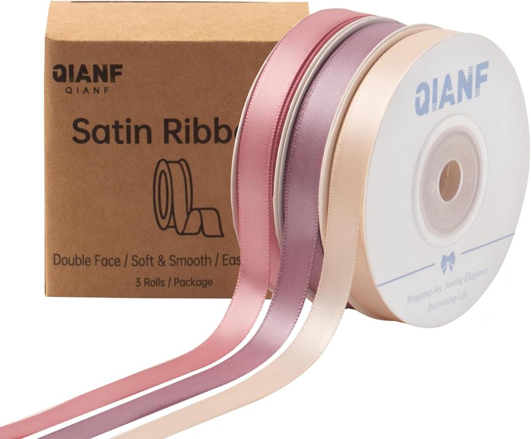 Dusty Rose Double Face Satin Ribbon 3/8 Inch x 45 Yards Champagne Pink/Rose Gold/Mauve Fabric Ribbon for Gift Wrapping, Flower Bouquets, Bows Making, Wedding Decor (3 Rolls *15Yd)