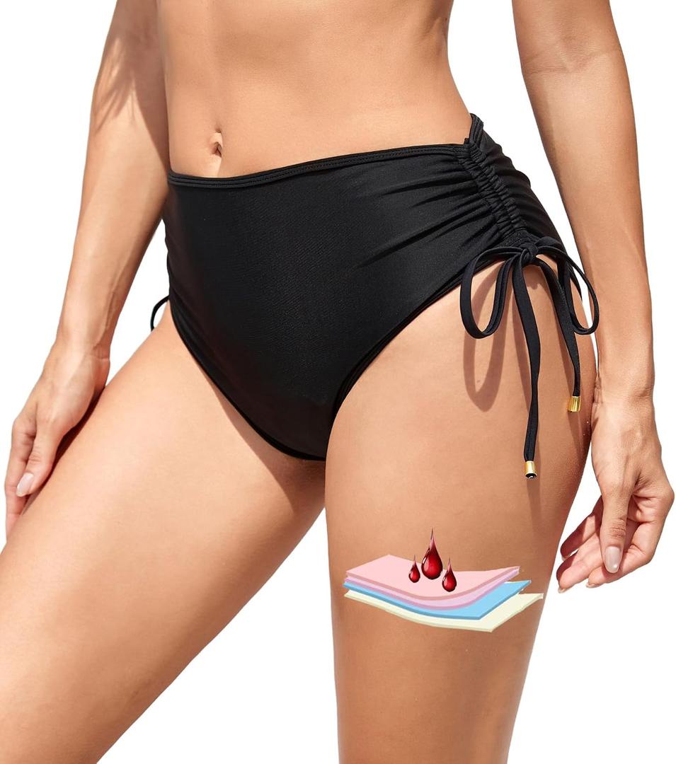 Leoparts Period Swimwear for Women Teens Black Leakproof Swim Bottoms High Waist Side Drawstring Menstrual Swimsuit Bottoms, S
