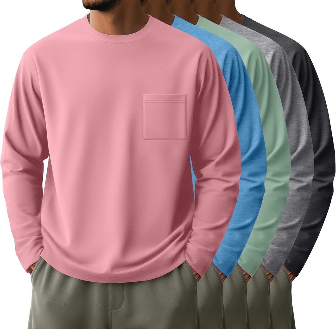 Neer 5 Pack Men's Big and Tall Long Sleeve Pocket T-Shirt Lightweight Crew Neck Shirts Slim Fit Top Casual Basic Tees (XXXL)