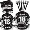 96 Pcs 18th Birthday Decorations for Boys Girls Black White 18th Party Plates Disposable Time To About Happy 18 Paper Tableware Set for 18 Year Old Birthday Party Supplies Serves 24