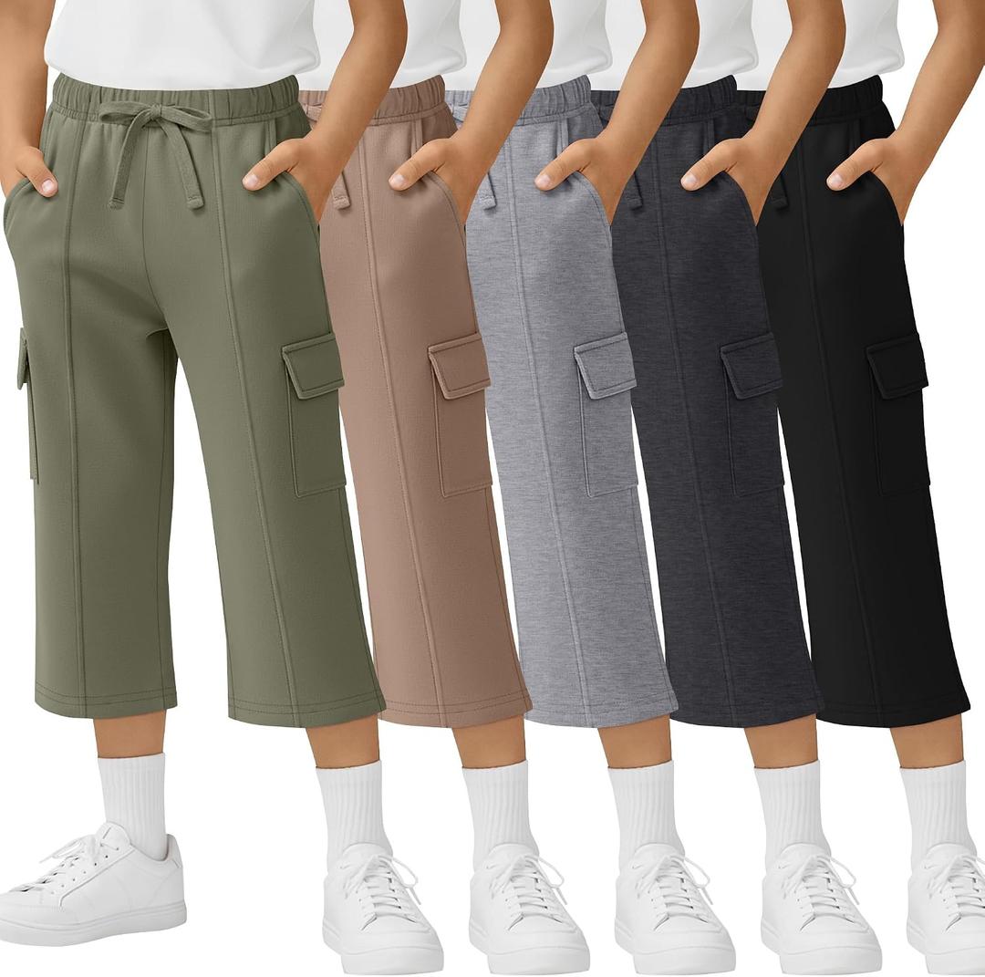 5 Pack Boys' Capris Pants Cargo Cropped Sweatpants Wide Leg Elastic Waist Drawstring 3/4 Short with 4 Pockets