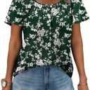 Zeagoo Women's Summer Tunic Tops Short Sleeve Floral Boho Casual T Shirts Pleated Crewneck Flowy Relax Fit Soft Blouses, Large