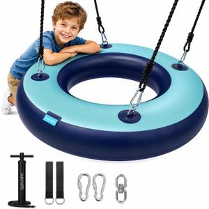 SereneLife 36” Inflatable Tire Swing with Hang Kit, 600lbs Capacity Heavy Duty Tire Swing with UV and Puncture Resistance, 360 Swivel, Hand Pump, Adjustable Ropes, Carry Bag, Hangs on Trees and Posts