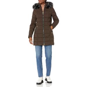 Laundry by Shelli Segal Women's Stretch Quilted Puffer Jacket – Long Winter Coat With Faux Fur Hood, XX-Large, Coffee