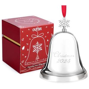 Christmas Bell 2025, Annual Silver Bell Christmas Ornaments for Tree Hanging Decorations, Metal Holiday Bells for Xmas Tree Decor with Ribbon & Gift Box