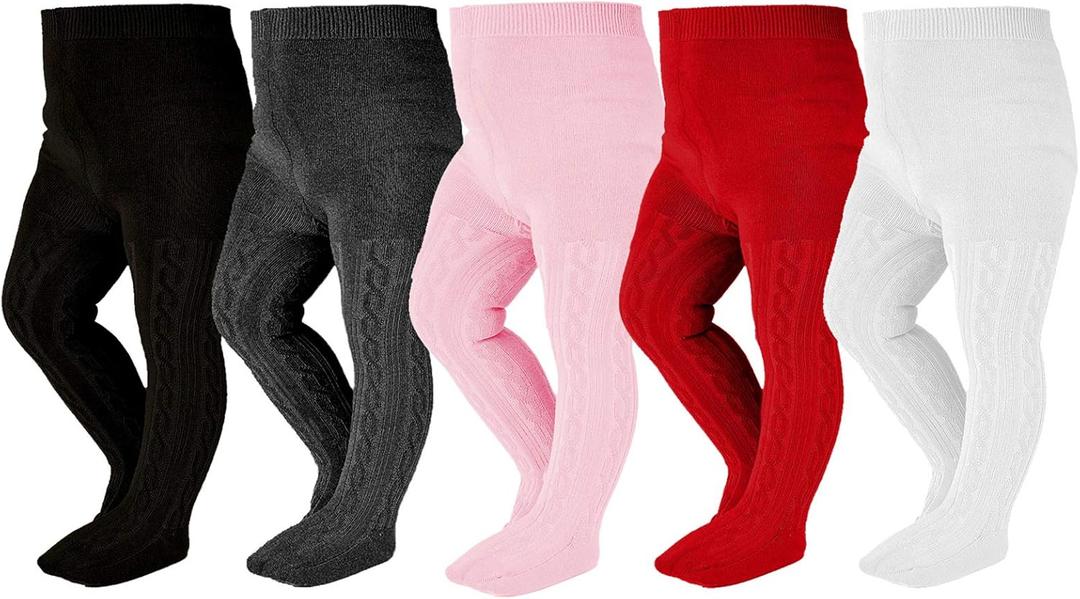 Epeius Little Girl Tights Kids Baby Girl Seamless Cable Knit Leggings Thick Solid Cotton Tights Stockings Pantyhose for 4-6 Years 5 Pair Pack, Black/ White/ Dark Grey/ Pink/ Burgundy