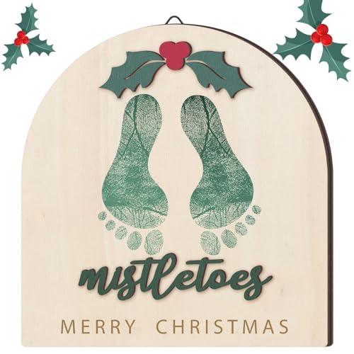 Beeveer Baby's First DIY Winter Snowman Art Footprint Wooden Mistletoe Craft Milestone Card Rustic Hanging Ornament Nursery Footprint Decorative for Baby Shower Newborn Photoshoot(Classic)