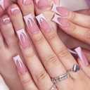 2 x Square French Clear Pink Press on Nails Tips, Medium Long Fake Nails, Full Cover Artificial Acrylic Nails, Reusable on Manicure Kit for Women 24Pcs