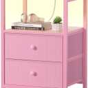 BOLUO Pink Nightstand with Charging Station, LED Night Stand with 2 Fabric Drawers, Bedside Table with USB Ports and Outlets, Nightstand for Bedroom Modern