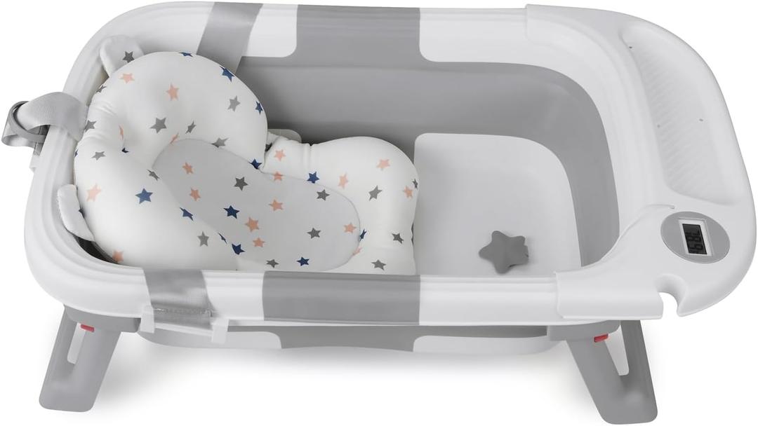 Baby Bathtub for Newborn Infant, Collapsible Baby Bathtub with Temperature Display & Soft Cushion, Infant to Toddler Bathtub, Portable Foldable Travel Bath Tub, 0-24 Months (Grey)