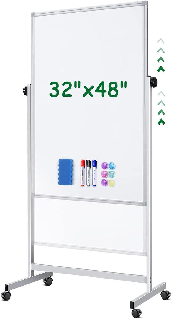 Rolling Whiteboard on Wheels, 32x48 Inches Double-Sided Magnetic Dry Erase Board with Stand, Height Adjustable Mobile White Board Easel for Classroom Home Office