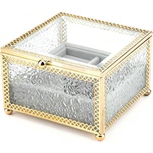 Gold Diamond Glass Jewelry Box, Keepsakes Box, Electroplated Metal Frame Textured Glass Trinket Box,with Velvet Compartment for Rings, Earrings, Vintage Elegant Decorative Storage for Vanity