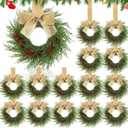20 Pcs 9'' Small Christmas Kitchen Cabinet Wreaths with Plaid Bow Ribbon Mini Hanging Christmas Wreath Artificial Greenery Wreath for Cabinet Front Porch Wall (Linen Color)