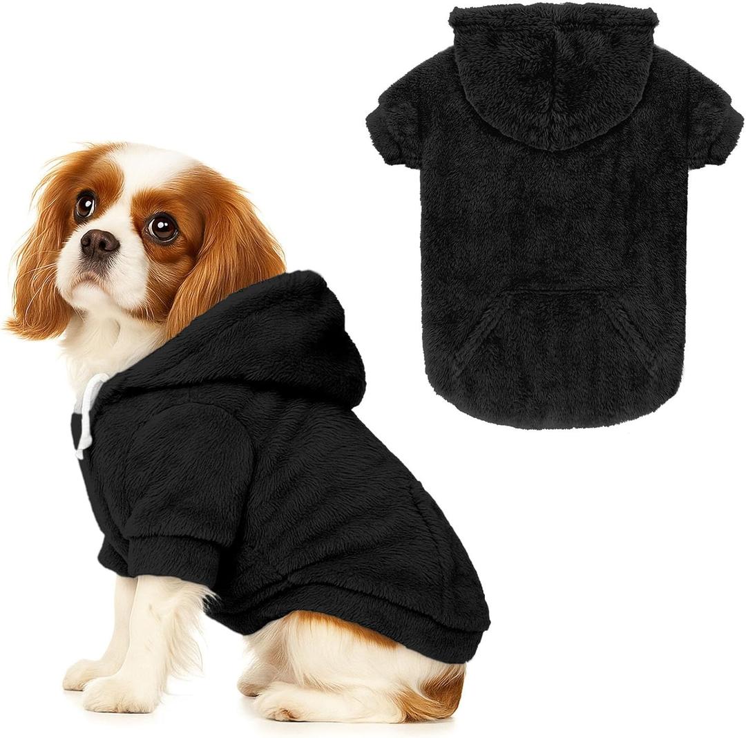 Dog Sweaters,Dog Hoodie,Warm Fuzzy Fleece Sweatshirt with Hood & Pocket,Leash Hole,Cozy Cold Weather Pet Clothes Pet Sweater for Small,Medium,and Large Dogs(Black,M) (M: 8-13lbs)