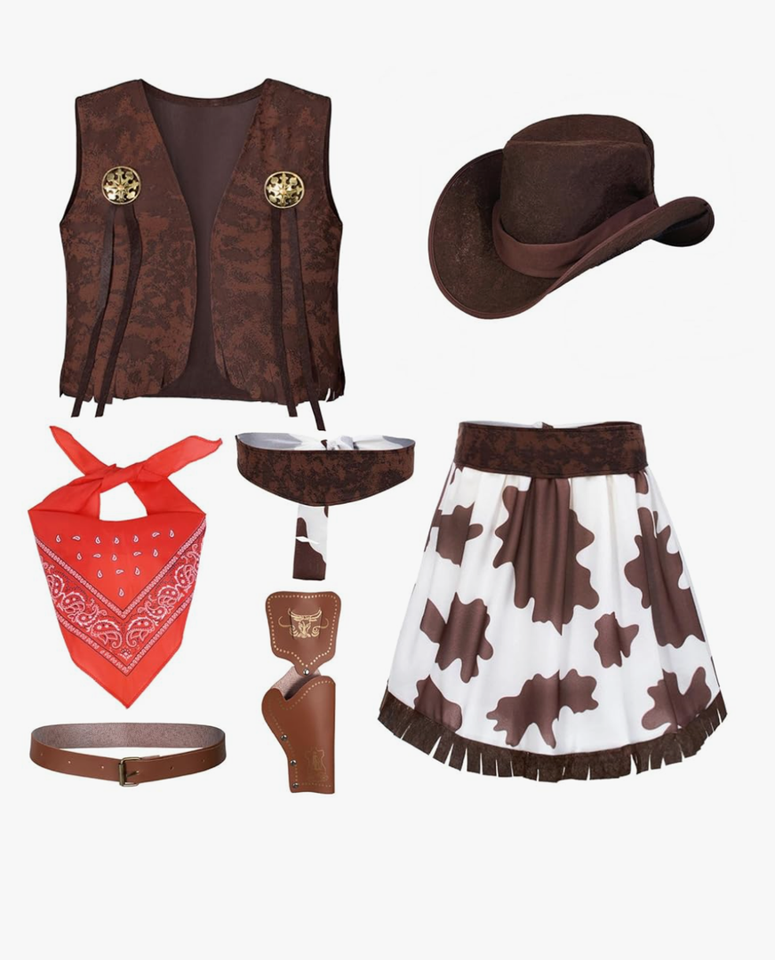 Cowgirl Costume for Girls 6pcs Set Kids Dress Up Birthday Halloween Party Cosplay, size 6-7 years