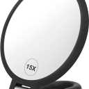 Magnifying Handheld Mirror Double Sided, 1X 15X Magnification Hand Mirrors, Travel Folding Hand Held Mirror, 360Rotation Pedestal Makeup Vanity Mirror (Black)
