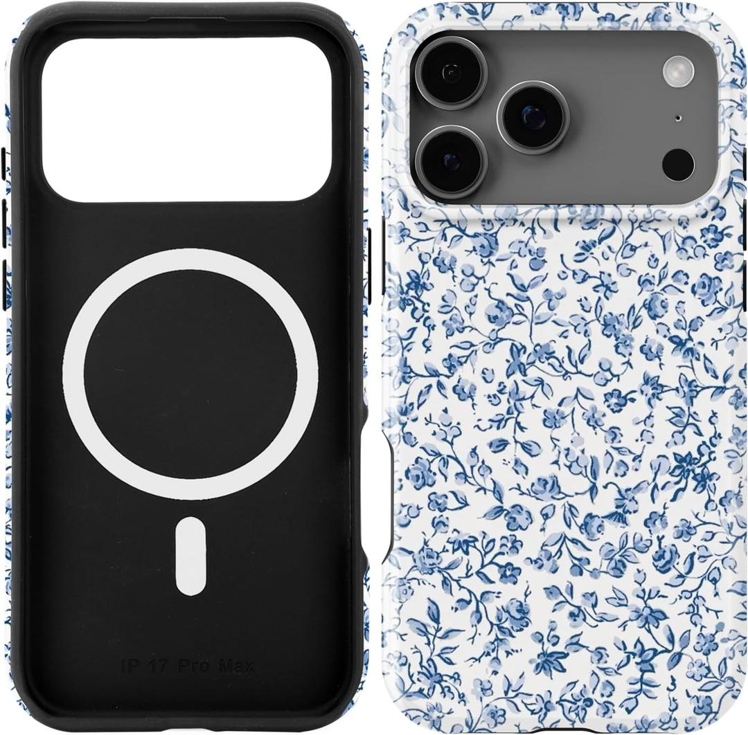 Compatible with iPhone 17 Pro Max Case [Compatible with MagSafe] -Shockproof Protective Slim Soft TPU Cover Phone Case 6.9" (Blue Floral, iPhone 17 Pro Max 6.9")