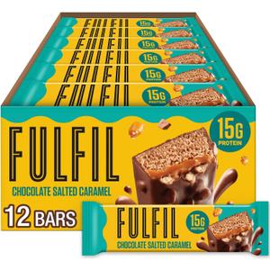FULFIL Protein Snack Bars, Chocolate Salted Caramel Flavored, Gluten Free with 15g Protein, Pantry Staples, 12 Count (EXP 04/01/26)