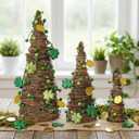 Sotiff 3 Pcs St Patricks Day Decoration Centerpieces Light up Irish Rattan Table Trees 15.8''/ 11.8''/ 7.9'' Rattan Cone Trees with Shamrocks & Green Berries for Saint Patrick Day Party Decor