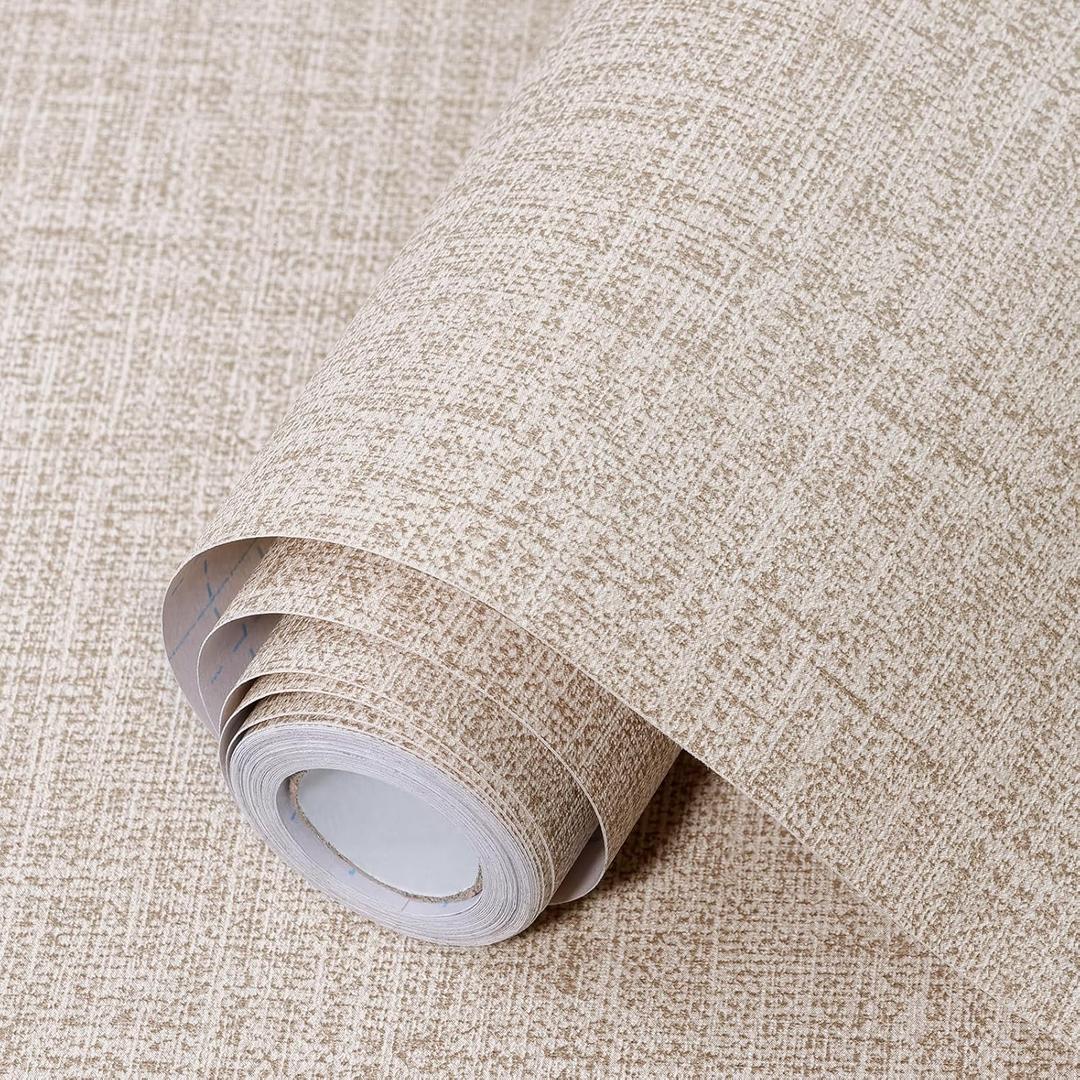 Khaki Grasscloth Peel and Stick Wallpaper 17.3"x120" Faux Linen Textured Contact Paper Removable Self Adhesive Vinyl Wallpaper for Bedroom Bathroom Kitchen Cabinets