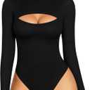 MANGOPOP Mock Neck Cutout Front Top Long Sleeve Sleeveless Bodysuits for Women (Large)