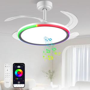BAYSQUIRREL Slim RGB Retractable Ceiling Fan with Light and APP/Remote Control, 42inch Modern Smart Ceiling Fan with Bluetooth Speaker, Dimmable Full Spectrum with Memory, 6-Speed Reversible Fan,White