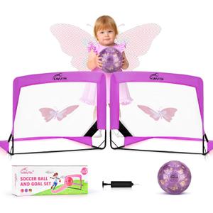 Kids Soccer Goal Set with Size 2 Purple Pink Glitter Butterfly Soccer Ball and Pump 2x1.5ft Portable Butterfly Print Soccer Nets for Toddlers Ages 3-5