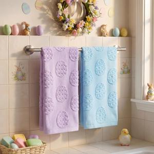 Remagr 2 Pcs Easter Egg Hand Towels for Bathroom 3D Cotton Egg Embroidery Kitchen Towels Spring Eggs Plush Purple Blue Decorative Bath Towel Set for Kitchen Bathroom Decor