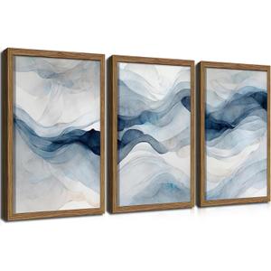 Blue Abstract Wall Art, Modern Navy Blue Abstract Canvas Wall Decor Paintings, Neutral Minimalist Texture Posters Prints Pictures for Living Room Bedroom Office Home Decor 12x16 Inch Wood Framed (16L" x 12W")