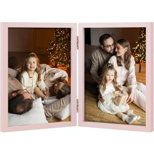 Space Art Deco Double 5x7 Picture Frame, 2 5x7 Folding Photo Frame, Standing Vertically on Desktop or Tabletop, Home Decorative Christmas Holiday Gift, Pink