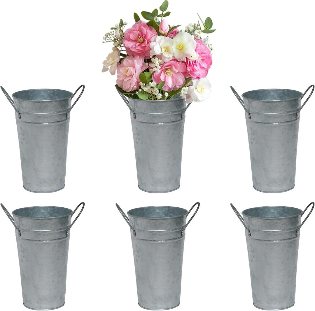 6 Pcs 12 Inch Galvanized Metal Vases Farmhouse French Tall Flower Bucket with Handles Metal Floral Container Vintage French Flower Containers for Party, Wedding Table Centerpiece Decorations