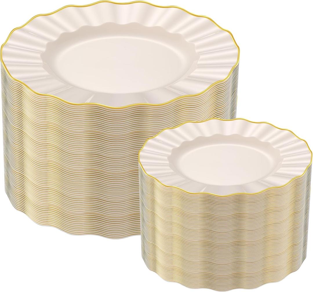 102Pcs Ivory White Plastic Plates with Gold Trim, Heavy Duty Wedding Plates, Elegant Disposable Plate Sets include 51 Dinner & 51 Dessert Plates for Party & Wedding(51 Guests)