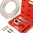 Brake Line Flaring Tool Kit - 25 Ft. 1/4 Copper Coated Brake Line Kit (with 16 Fittings and 4 Unions) + Flaring Tool Set for Single and Double Flares (Includes 5 Adapters and Tube Cutter)