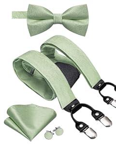 Hi-Tie Mens Suspenders Pre-Tied Bow Tie Set with Pocket Square Strong Adjustable 6 Clips Y Back Mens Trouser Braces