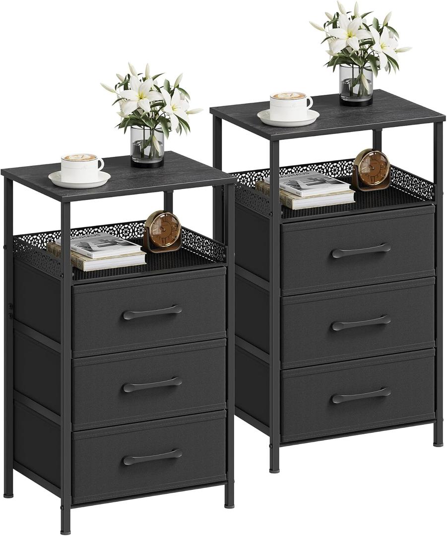JARHETUN Nightstand Set of 2, Night Stands with 3 Fabirc Drawers, 26.4 Inch Tall Bedside Table with Metal Shelf, Modern Side End Table Storage Furniture, Small Dresser for Bedroom, Black