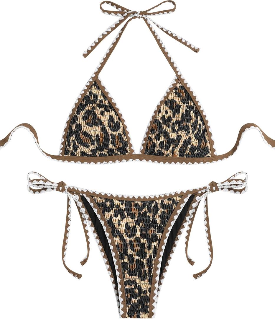 ZAFUL Women Triangle Bikini Sets Sexy Two Piece Swimsuit Halter V Neck String Bathing Suits Tie Side Swimwear 2025 (Small, Leopard)