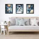 3 Pcs Astronaut Space Wall Art for Boys Room Framed 8x10 Inch Kids Outer Space Canvas Prints Rocket & Planets Galaxy Nursery Decor for Bedroom Playroom, 8W" x 10L"