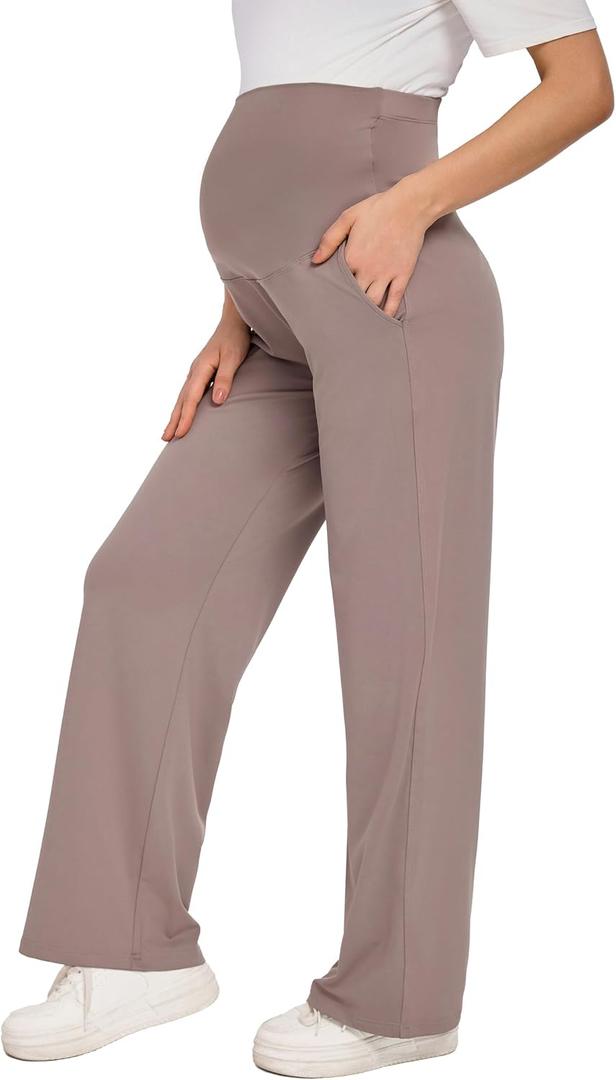Maternity Pants for Women Over Belly Pregnancy Pants Straight Leg Loose Comfy Stretchy Casual Trousers with Pockets (Large, Taupe)