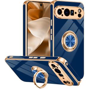 Designed for Google Pixel 10 Pro XL Case with Ring Stand, Support Magnetic Car Mount Rotating Finger Holder Soft TPU Cover Plating Edge Slim Phone Case for Pixel 10 Pro XL 5G Blue