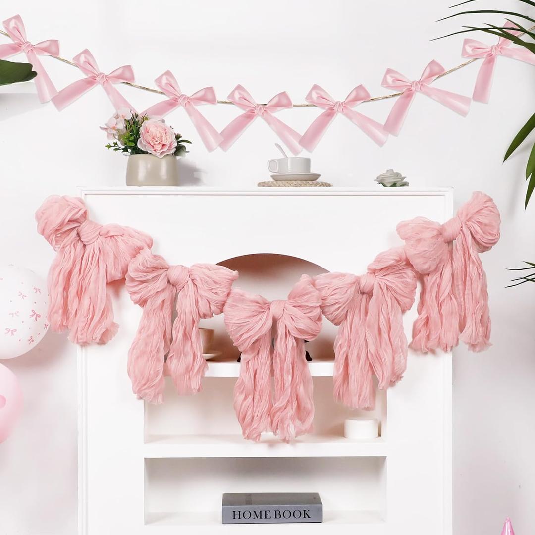 2Pcs Pink Bow Garland Banner for Bachelorette Party Decorations Ribbon Bowknot Hanging Garland Banner Pink Coquette Birthday Party Supplies for Wedding Engagement Baby Bridal Shower Favors Decor