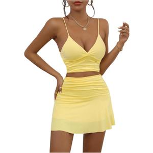 SHENHE Women's Y2k 2 Piece Mini Skirt Set V Neck Crop Cami Top Ruched Ruffle Skirt Going Out Set (Yellow) S
