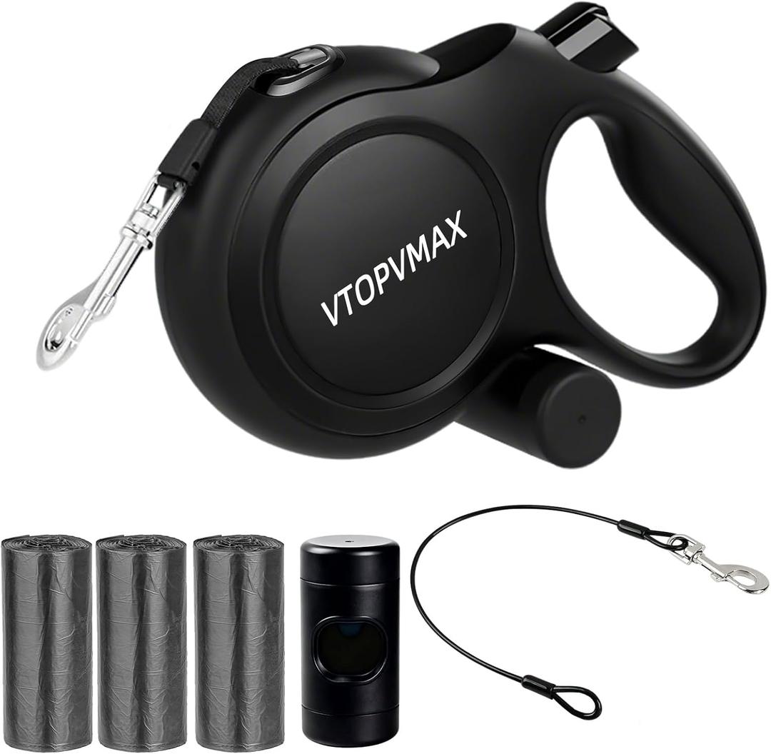 26Ft Retractable Dog Leash for Medium/Large Dogs up to 110lbs, Strong Heavy Duty Retractable Leash with Chew-Proof Cable, 360 Tangle Free, One Hand Brake Lock & Poo Bag Holder (Black)