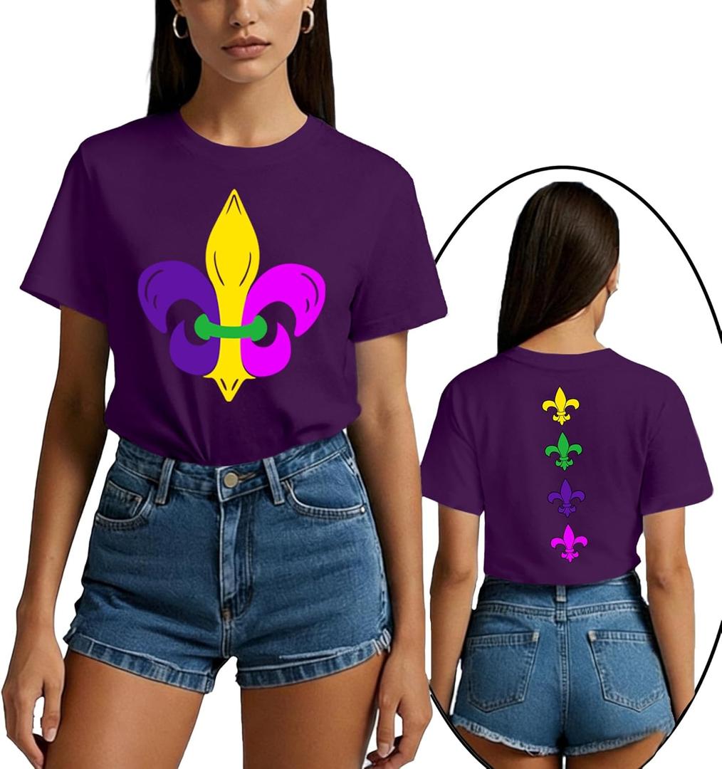 New Orleans Shirts for Women Fat Tuesday T-Shirt Holiday Party Tee Tops (Purple, M)