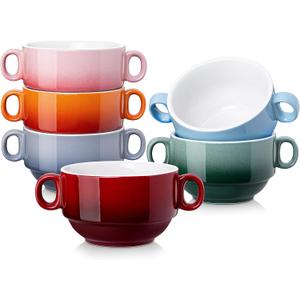 LOVECASA Multi-Color 12 OZ Soup Bowls with Handles, Ceramic Small French Onion Soup Bowls, Mini Soup Mugs Serving Bowls for Kitchen, Microwave & Dishwasher Safe,Set of 6