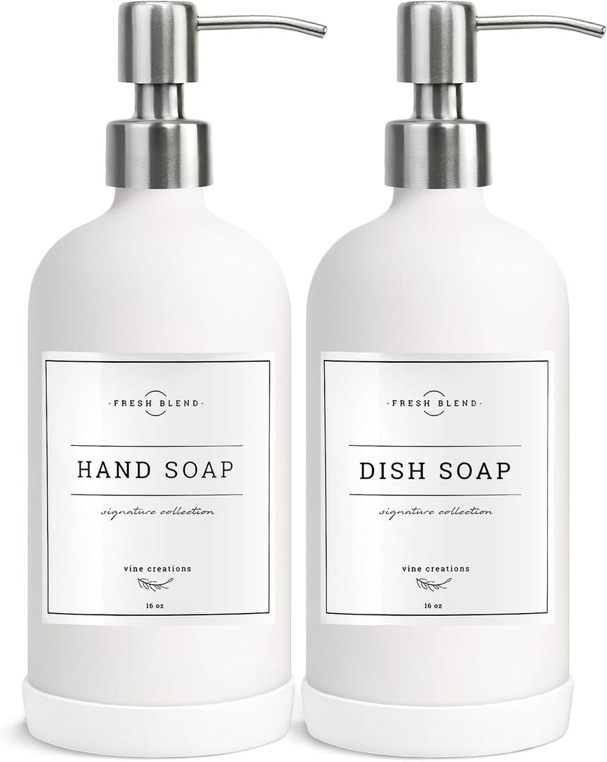 Vine Creations White Glass Soap Dispenser, 2 Pack Kitchen Soap Dispenser Set with Stainless Steel Pump, 16 oz Dish Soap and Hand Soap Dispensers for Bathroom with Waterproof Labels